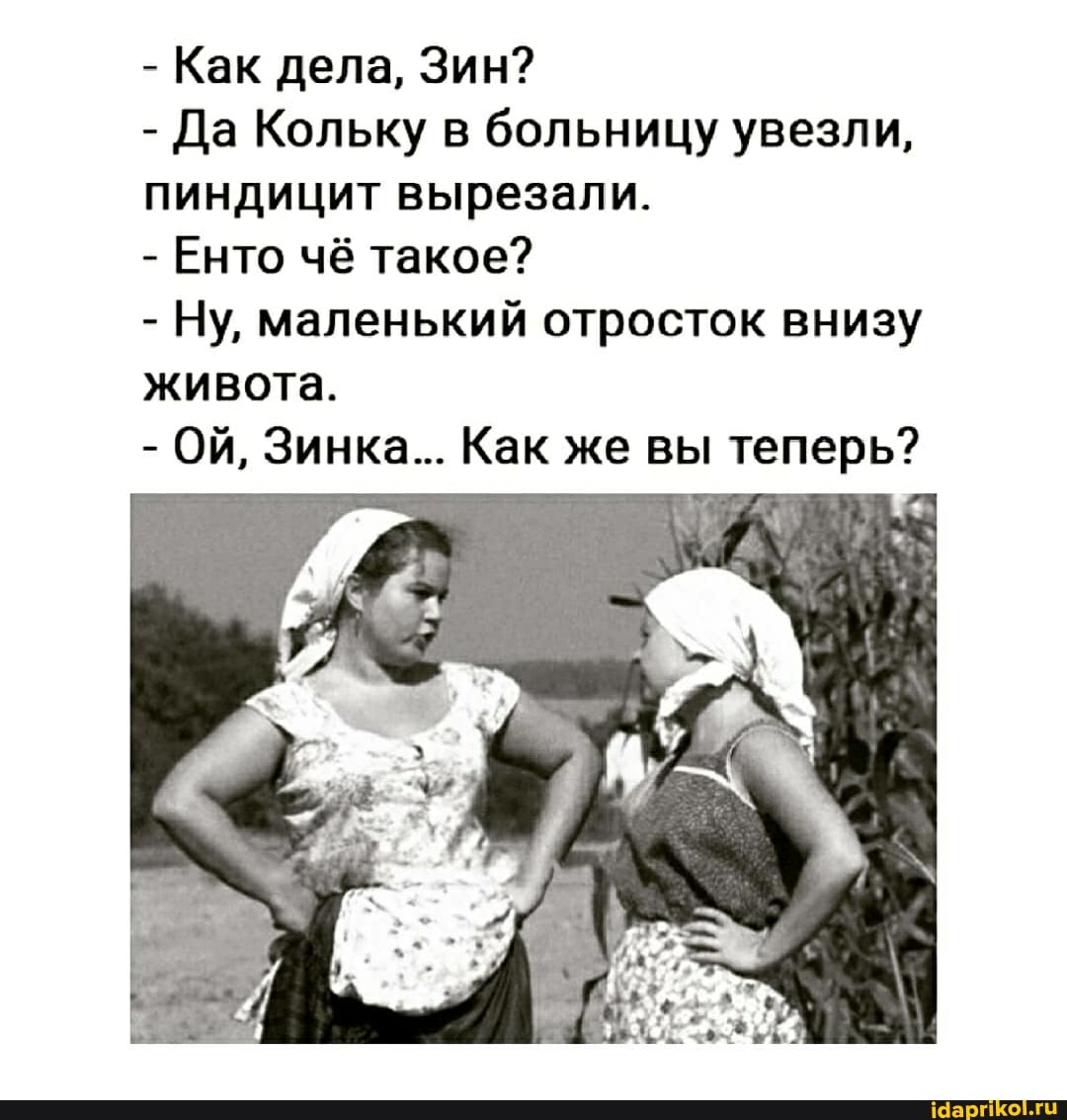 - Как дела, Зин?
- Да Кольку в больницу увезли, пиндицит вырезали.
- Енто чё такое?
- Ну, маленький отросток внизу живота.
- ОЙ, Зинка... Как же вы теперь?