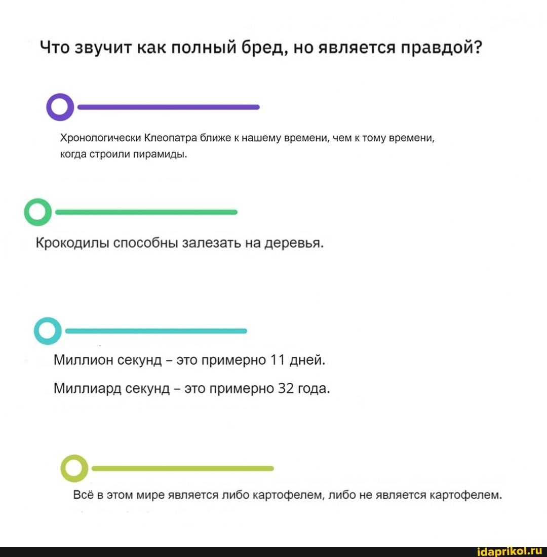 Что звучит как полный бред, но является правдой?
Хронологически Клеопатра ближе к нашему времени, чем к тому времени, когда строили пирамиды.
Крокодилы способны залезать на деревья.
Миллион секунд - это примерно 11 дней.
Миллиард секунд - это примерно 32 года.
Всё в этом мире является либо картофелем, либо не является картофелем.