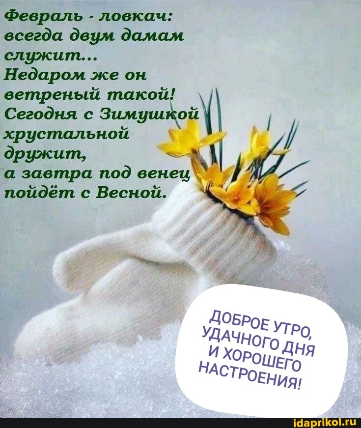 Февраль - ловкач: всегда двум дамам служит...
Недаром же он ветреный такой!
Сегодня с Зимушко хрустальной дружит,
а завтра под венец пойдёт с Весной.