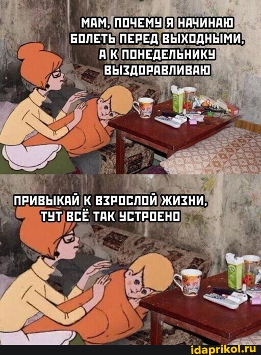 МАМ, ПОЧЕМУ Я НАЧИНАЮ БОЛЕТЬ ПЕРЕД ВЫХОДНЫМИ,
АК ПОНЕДЕЛЬНИКУ ВЫЗДОРАВЛИВАЮ
ПРИВЫКАЙ К ВЗРОСЛОЙ ЖИЗНИ,
ТЧТ ВСЁ ТАК УСТРОЕНО