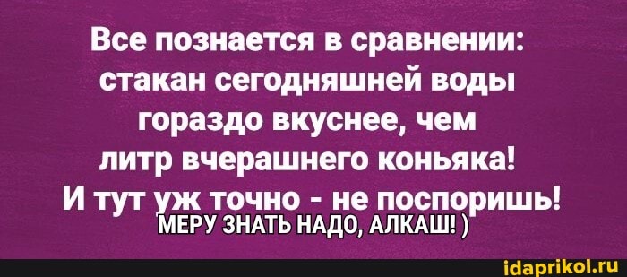 Все познается в сравнении: стакан сегодняшней воды гораздо вкуснее, чем литр вчерашнего коньяка!
И тут уж точно - не поспоришь!
МЕРУ ЗНАТЬ НАДО, АЛКАШ!