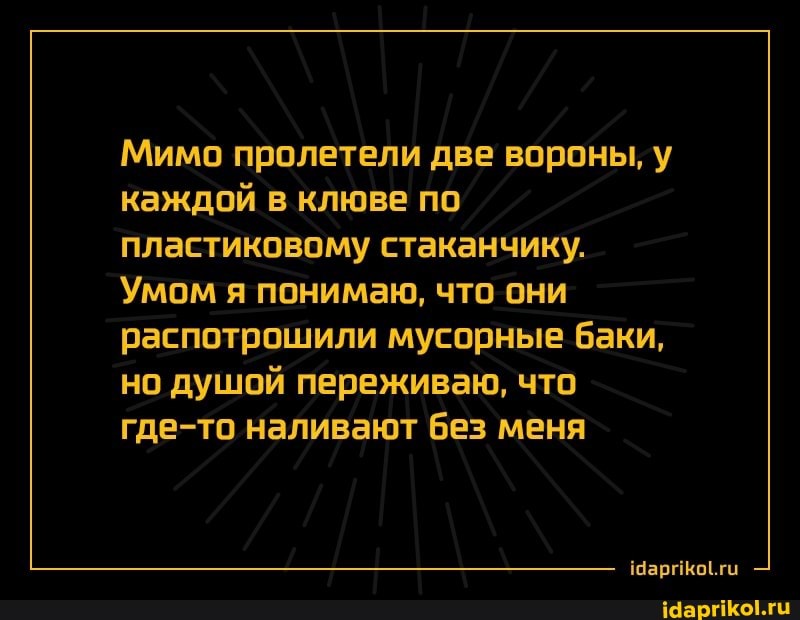 Мимо пролетели две вороны, каждой в клюве по пластиковому стаканчику.
Умом я понимаю, что они распотрошили мусорные баки, но душой переживаю, что где-то наливают без меня