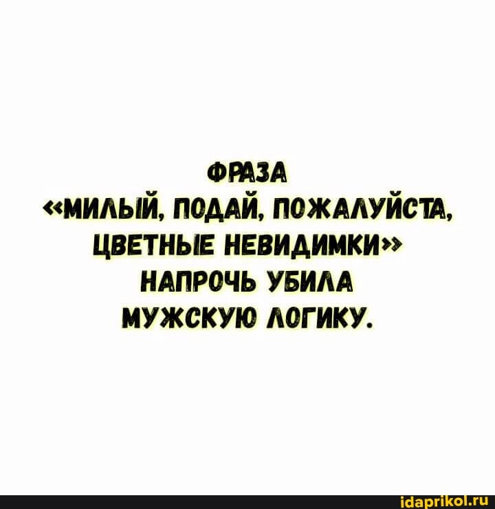 ФРАЗА
"МИЛЫЙ, ПОДАЙ, ПОЖАЛУЙСТА,
ЦВЕТНЫЕ НЕВИДИМКИ"
НАПРОЧЬ УБИЛА МУЖСКУЮ ЛОГИКУ.