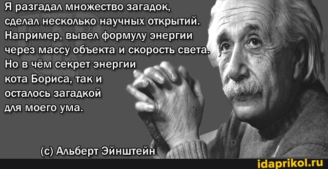 Я разгадал множество загадок.
сделал несколько научных открытий.
Например, вывел формулу энергии
через массу обекта и скорость светаз
Но в чём секрет энергии кота Бориса. так и осталось загадкой для моего ума.
{с) Альберт Эйнштейн\