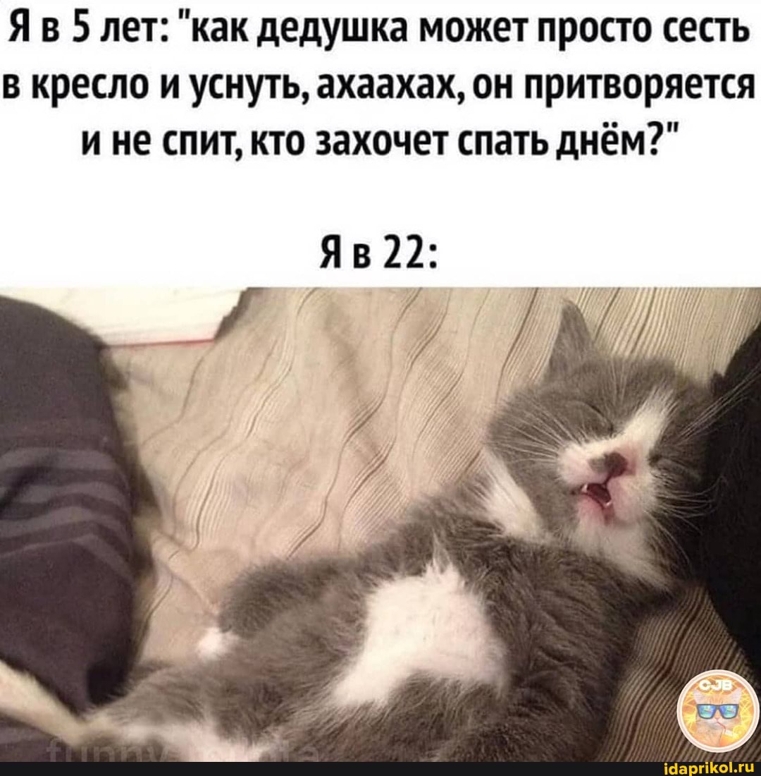 Яв 5 лет: "как дедушка может просто сесть в кресло и уснуть, ахаахах, он притворяется ине спит, кто захочет спать днём?"
Яв 22: