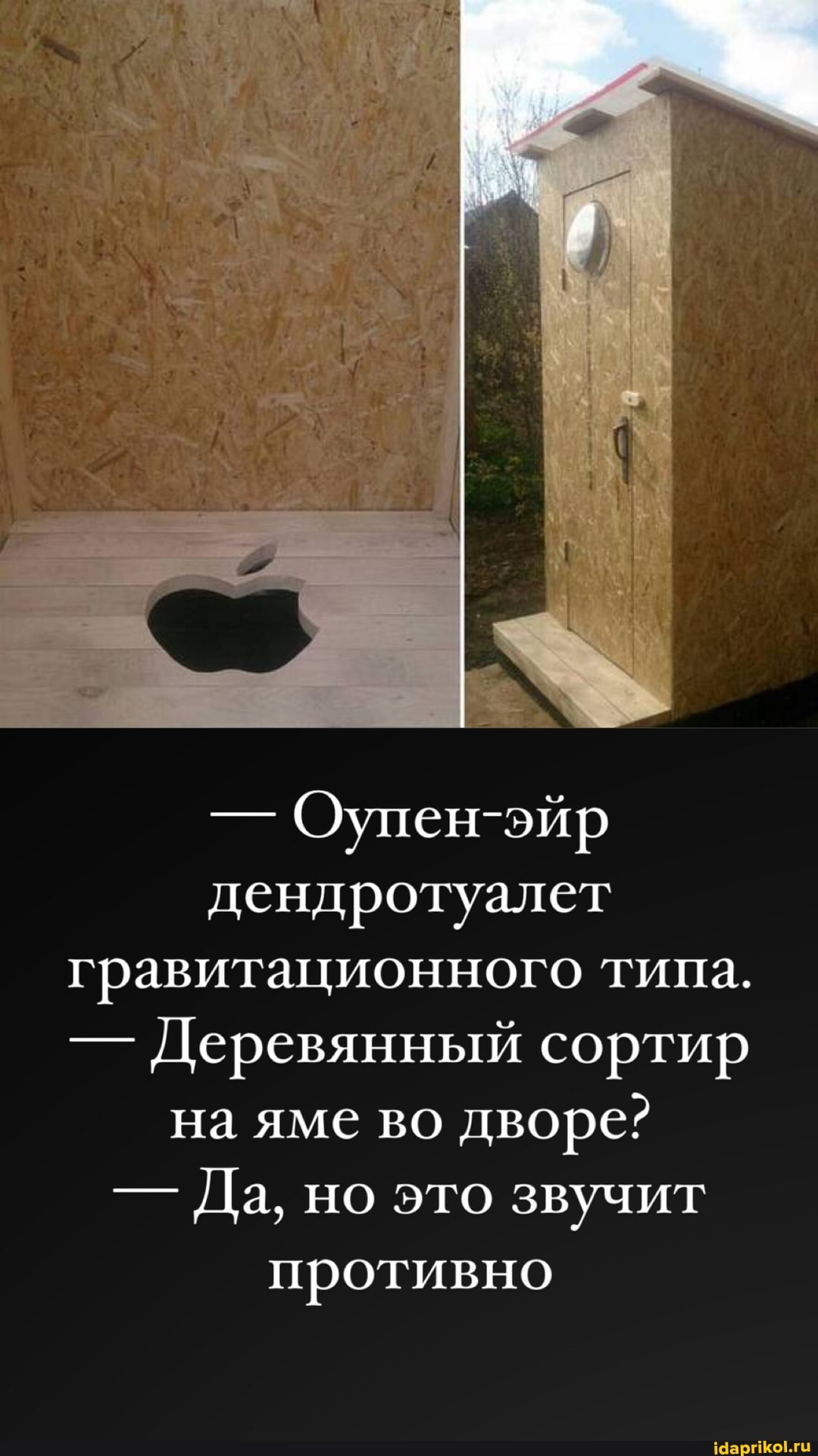 Оупен-эйр
дендротуалет
гравитационного типа.
- Деревянный сортир на яме во дворе?
- Да, но это звучит противно
