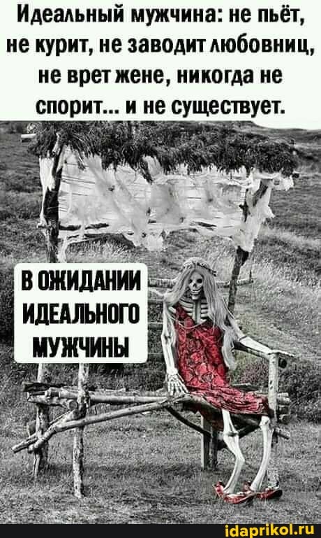 Идеальный мужчина: не пьёт, не курит, не заводит любовниц, не врет жене, никогда не спорит... и не существует.