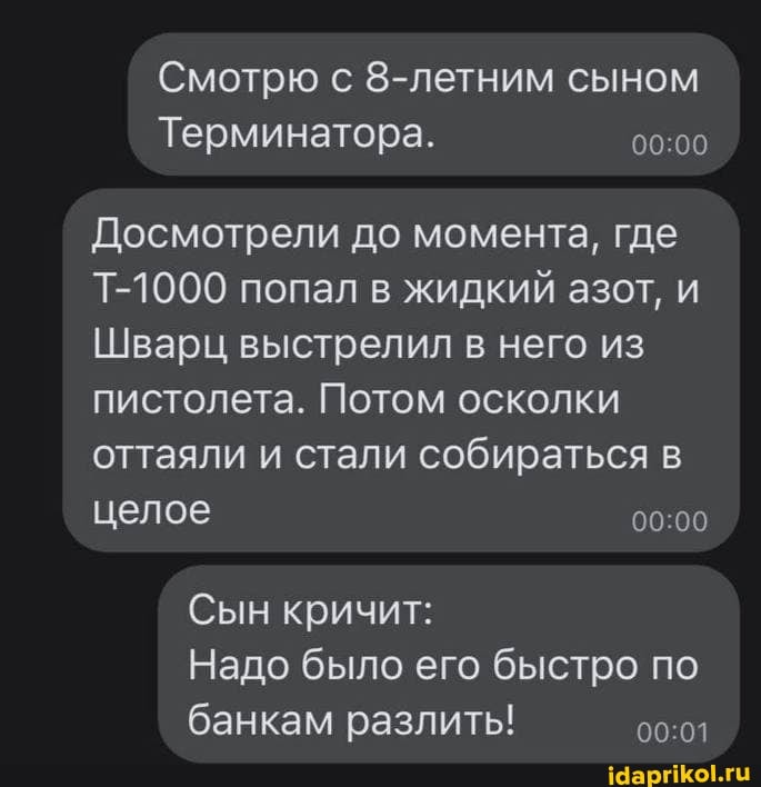 Смотрю с 8-летним сыном
Терминатора.
Досмотрели до момента, где
Т-1000 попал в жидкий азот, и
Шварц выстрелил в него из пистолета. Потом осколки оттаяли и стали собираться в целое
Сын кричит:
Надо было его быстро по банкам разлить!