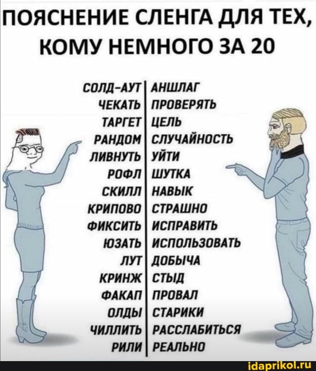 СОЛД-АУТ ЧЕКАТЬ ТАРГЕТ РАНДОМ ЛИВНУТЬ РОФЛ СКИЛЛ КРИПОВО ФИКСИТЬ ЮЗАТЬ КРИНЖ ФАКАП олды
ЧИЛЛИТЬ РИЛИ
ПОЯСНЕНИЕ СЛЕНГА ДЛЯ ТЕХ,
КОМУ НЕМНОГО ЗА 20
АНШЛАГ ПРОВЕРЯТЬ ЦЕЛЬ СЛУЧАЙНОСТЬ УЙТИ ШУТКА НАВЫК СТРАШНО ИСПРАВИТЬ ИСПОЛЬЗОВАТЬ ЛУТI ДОБЫЧА
стыд
ПРОВАЛ СТАРИКИ РАССЛАБИТЬСЯ РЕАЛЬНО