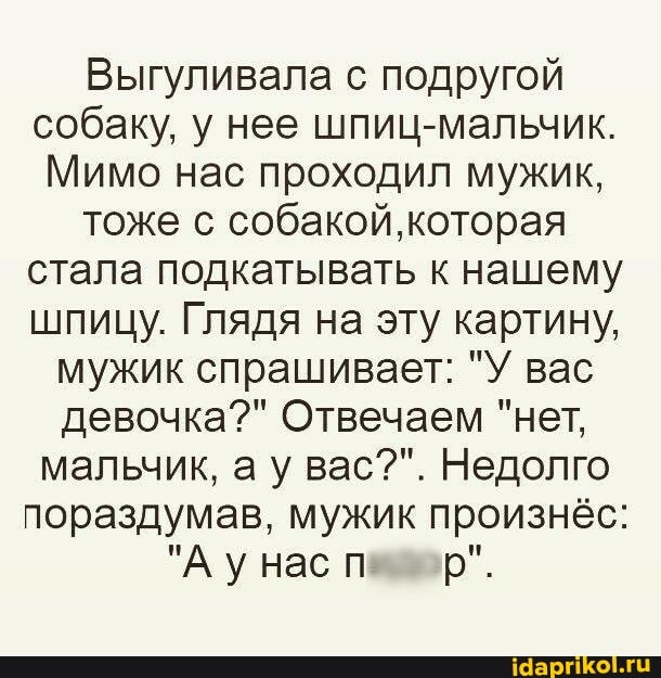 Выгуливала с подругой собаку, у нее шпиц-мальчик.
Мимо нас проходил мужик, тоже с собакой которая стала подкатывать к нашему шпицу. Глядя на эту картину, мужик спрашивает: "У вас девочка?" Отвечаем "нет, мальчик, ау вас?". Недолго пораздумав, мужик произнёс:
"А унас р".