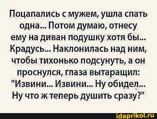 Поцапались с мужем, ушла спать одна... Потом думаю, отнесу ему на диван подушку хотя бы...
Крадусь... Наклонилась над ним, чтобы тихонько подсунуть, а он проснулся, глаза вытаращил:
"Извини... Извини... Ну обидел...
Ну что ж теперь душить сразу?"