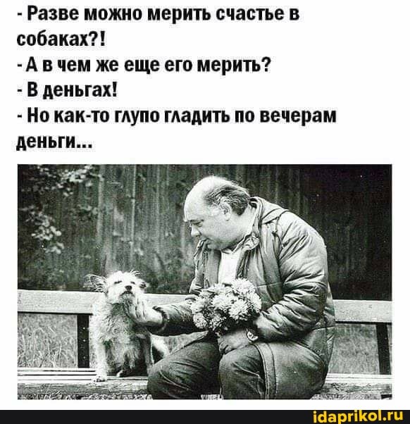 - Разве можно мерить счастье в собаках?!
-Авчем же еще его мерить?
- В деньгах!
- Но как-то глупо гладить по вечерам деньги...