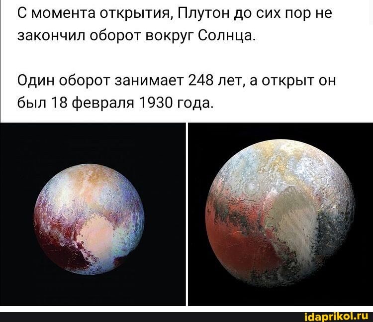 С момента открытия, Плутон до сих пор не закончил оборот вокруг Солнца.
Один оборот занимает 248 лет, а открыт он был 18 февраля 1930 года.