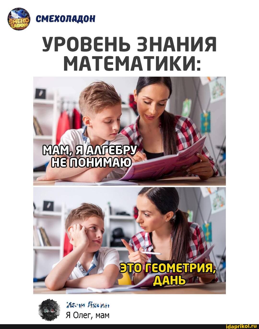 СМЕХОЛАДОН
УРОВЕНЬ ЗНАНИЯ МАТЕМАТИКИ:
МАМ`
НЕ ПОНИМАЮ
Олег, мам