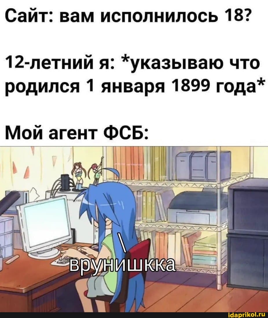 Сайт: вам исполнилось 18?
12-летний я: *указываю что родился 1 января 1899 года*
ФСБ:
врунишкка
Мой агент