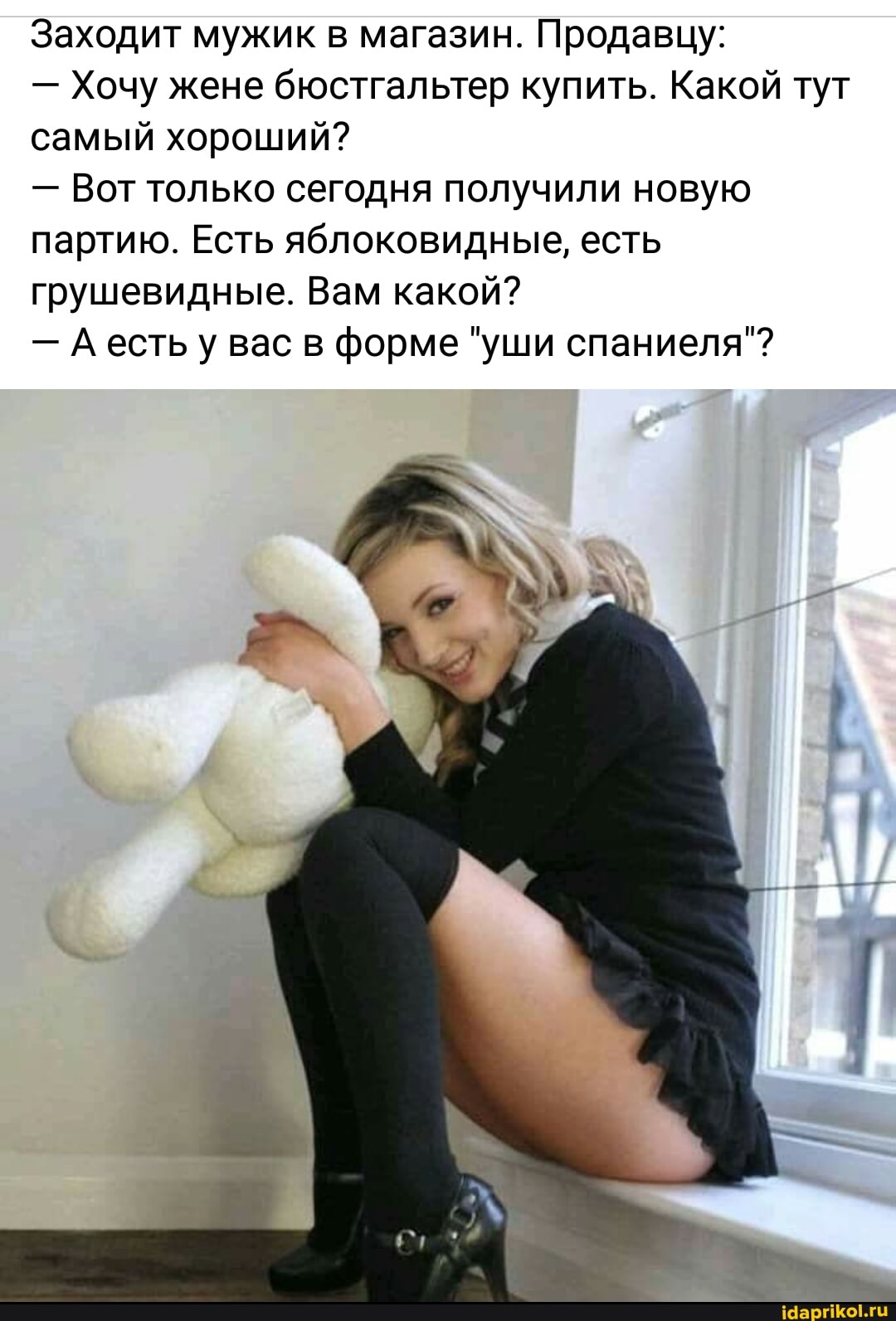 Заходит мужик в магазин. Продавцу:
- Хочу жене бюстгальтер купить. Какой тут самый хороший?
- Вот только сегодня получили новую партию. Есть яблоковидные, есть грушевидные. Вам какой?
- есть вас в форме "уши спаниеля"?