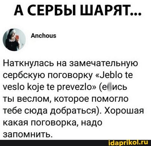 А СЕРБЫ ШАРЯТ...
Наткнулась на замечательную сербскую поговорку "/еЫо {е
уезю Кое {е (ейись
ты веслом, которое помогло тебе сюда добраться). Хорошая какая поговорка, надо запомнить.