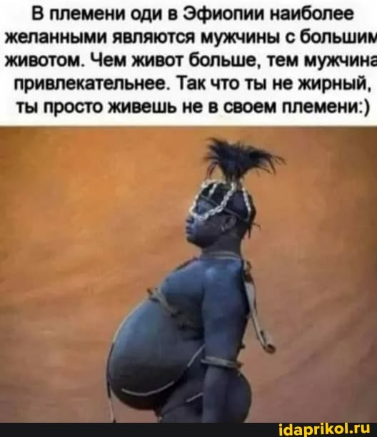 В племени оди в Эфиопии наиболее желанными являются мужчины с больши! животом. Чем живот больше, тем мужчинг
привлекательнее. Так что ты не жирный, ты просто живешь не в своем племени:)