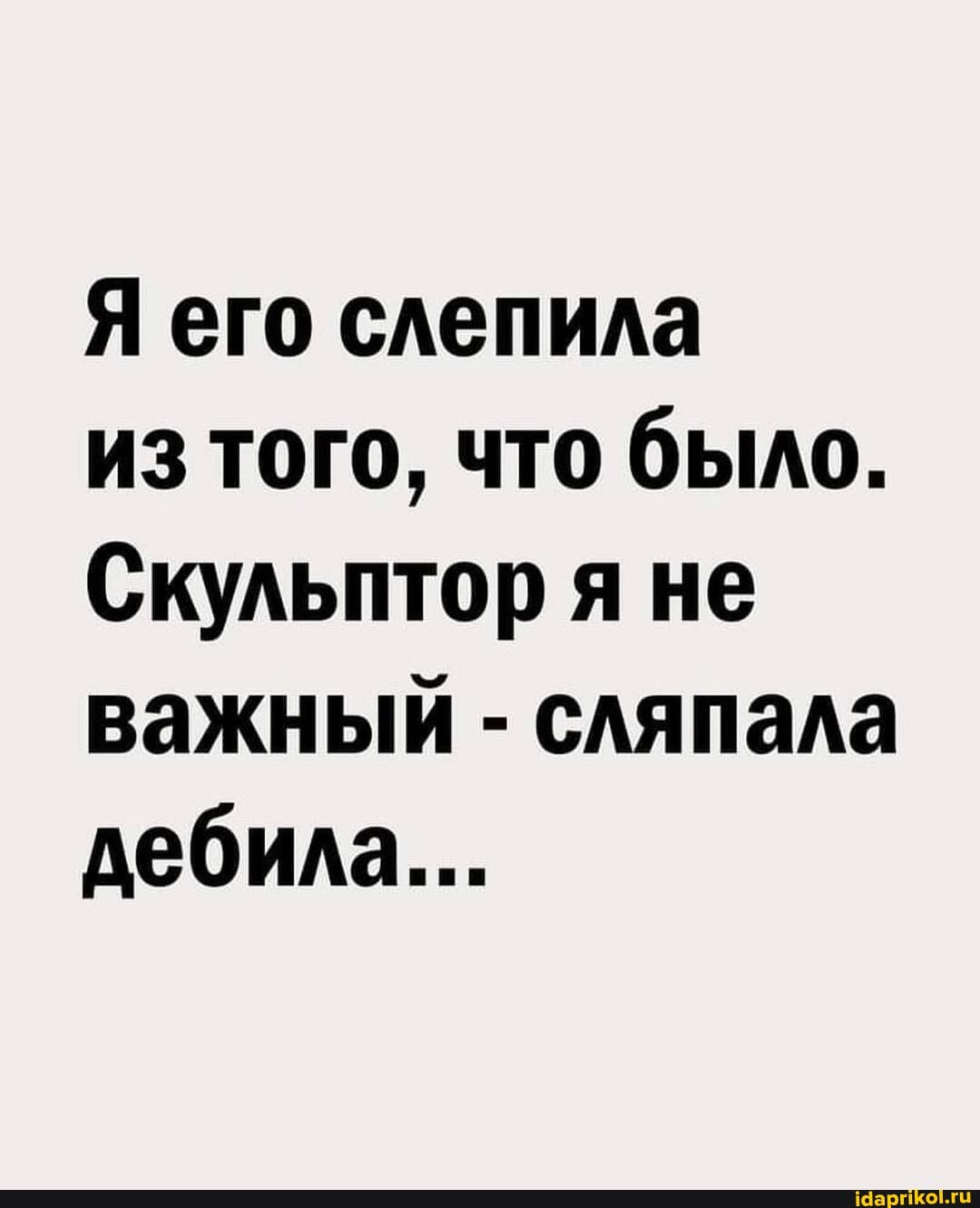 Я его слепила
из того, что было.
Скульптор я не важный - сляпала дебила...