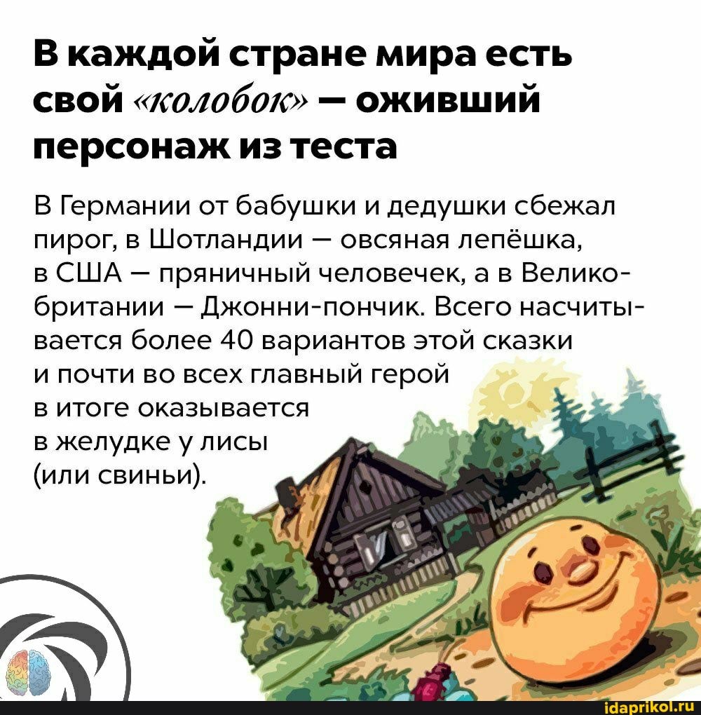 В каждой стране мираесть свой "/010бок" - оживший персонаж из теста
В Германии от бабушки и дедушки сбежал пирог, в Шотландии - овсяная лепёшка,
в США - пряничный человечек, а в Велико- британии - Джонни-пончик. Всего насчиты- вается более 40 вариантов этой сказки
и почти во всех главный герой в итоге оказывается в желудке у лисы
(или свиньи).