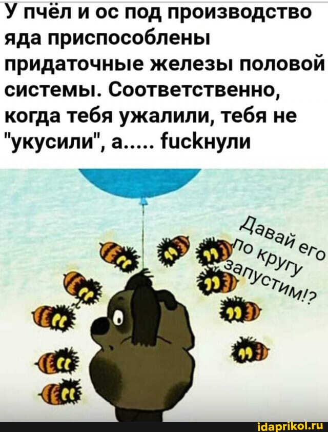 У пчёл и ос под производство яда приспособлены придаточные железы половой системы. Соответственно, когда тебя ужалили, тебя не
"укусили", а..... ФисКнули