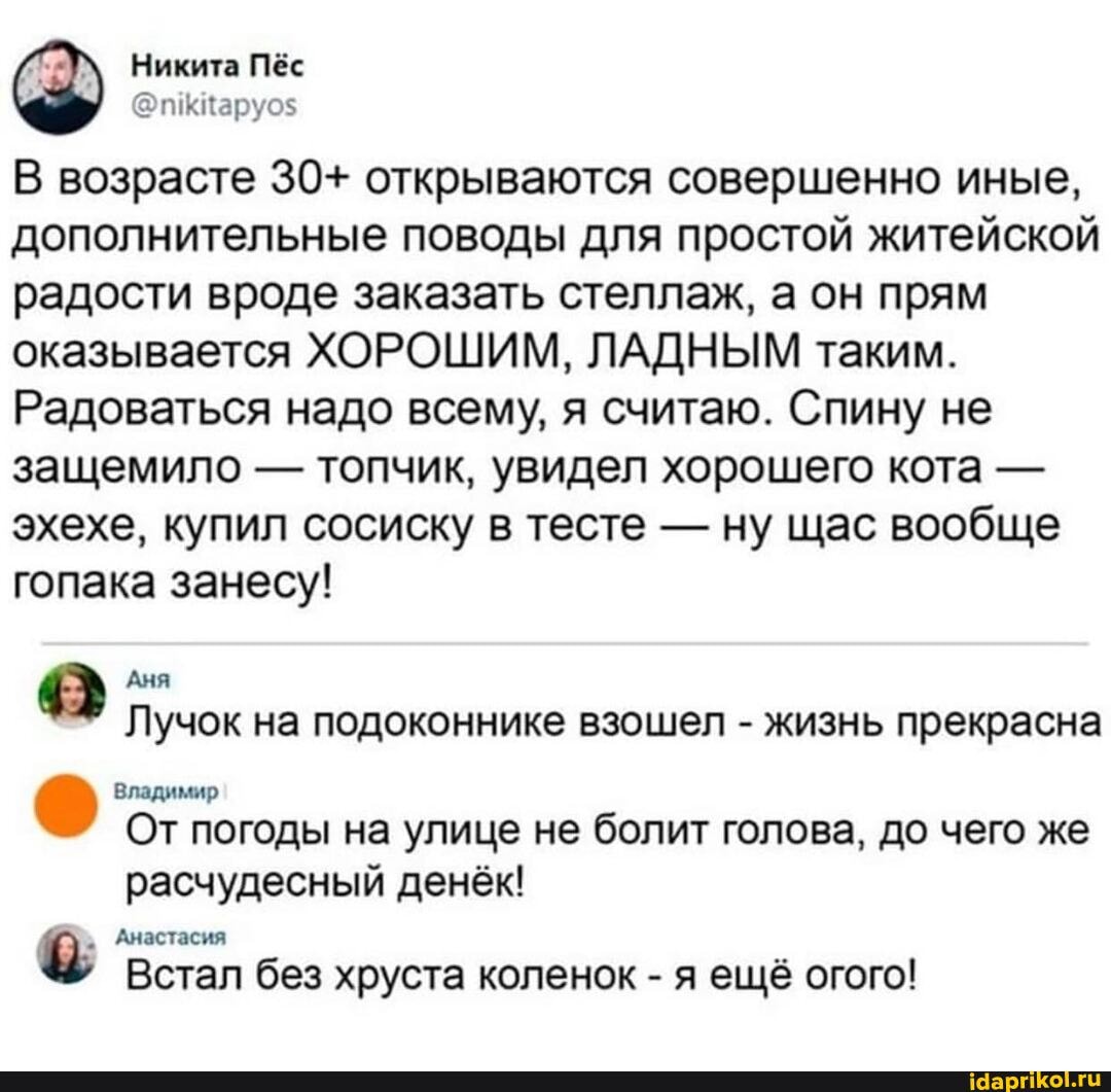 Никита Пёс
В возрасте 30+ открываются совершенно иные, дополнительные поводы для простой житейской радости вроде заказать стеллаж, а он прям оказывается ХОРОШИМ, ЛАДНЫМ таким.
Радоваться надо всему, я считаю. Спину не защемило - топчик, увидел хорошего кота - эхехе, купил сосиску в тесте - ну щас вообще гопака занесу!
Аня
Лучок на подоконнике взошел - жизнь прекрасна
Владимир
От погоды на улице не болит голова, до чего же расчудесный денёк!
Анастасия
Встал без хруста коленок - я ещё огого!