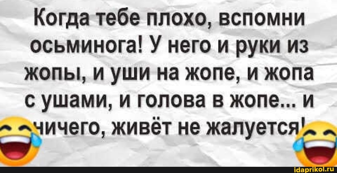 Когда тебе плохо, вспомни осьминога! У него и руки из жопы, и уши на жопе, и жопа с ушами, и голова в жопе... и
-чичего, живёт не жалуется'