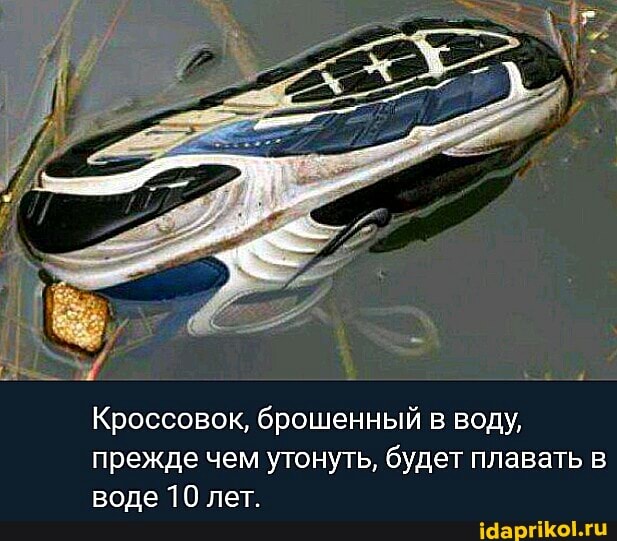 Кроссовок, брошенный в воду, прежде чем утонуть, будет плавать воде 10 лет