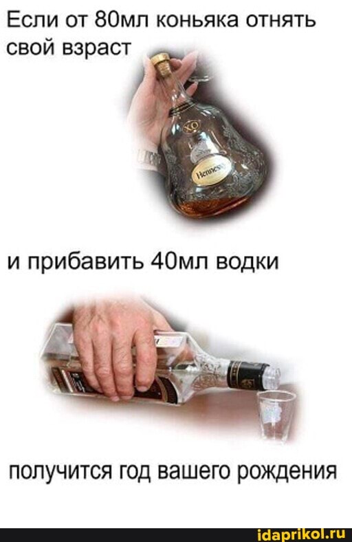 Если от 80мл коньяка отнять свой взраст
и прибавить 40мл водки
получится год вашего рождения