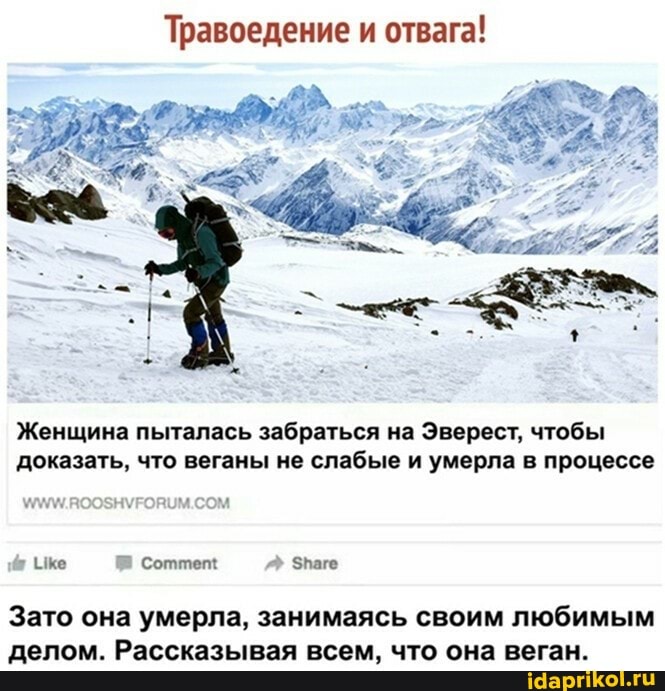 Травоедение и отвага!
Женщина пыталась забраться на Эверест, чтобы доказать, что веганы не слабые и умерла в процессе
Ыке Соттет: Зваге
Зато она 'умерла, занимаясь своим любимым делом. Рассказывая всем, что она веган.