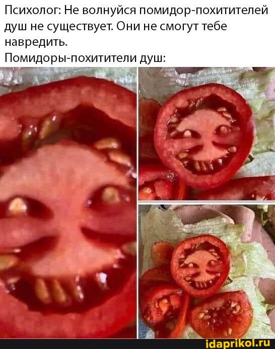 Психолог: Не волнуйся помидор-похитителей душ не существует. Они не смогут тебе навредить.
Помидоры-похитители душ: