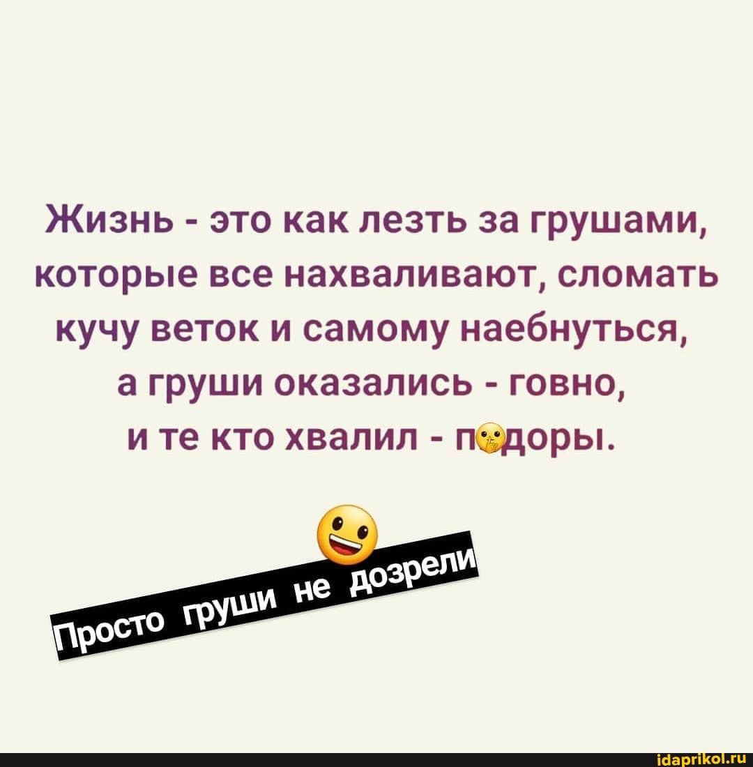 Жизнь - это как лезть за грушами, которые все нахваливают, сломать кучу веток и самому наебнуться, а груши оказались - говно, ите кто хвалил - педоры.