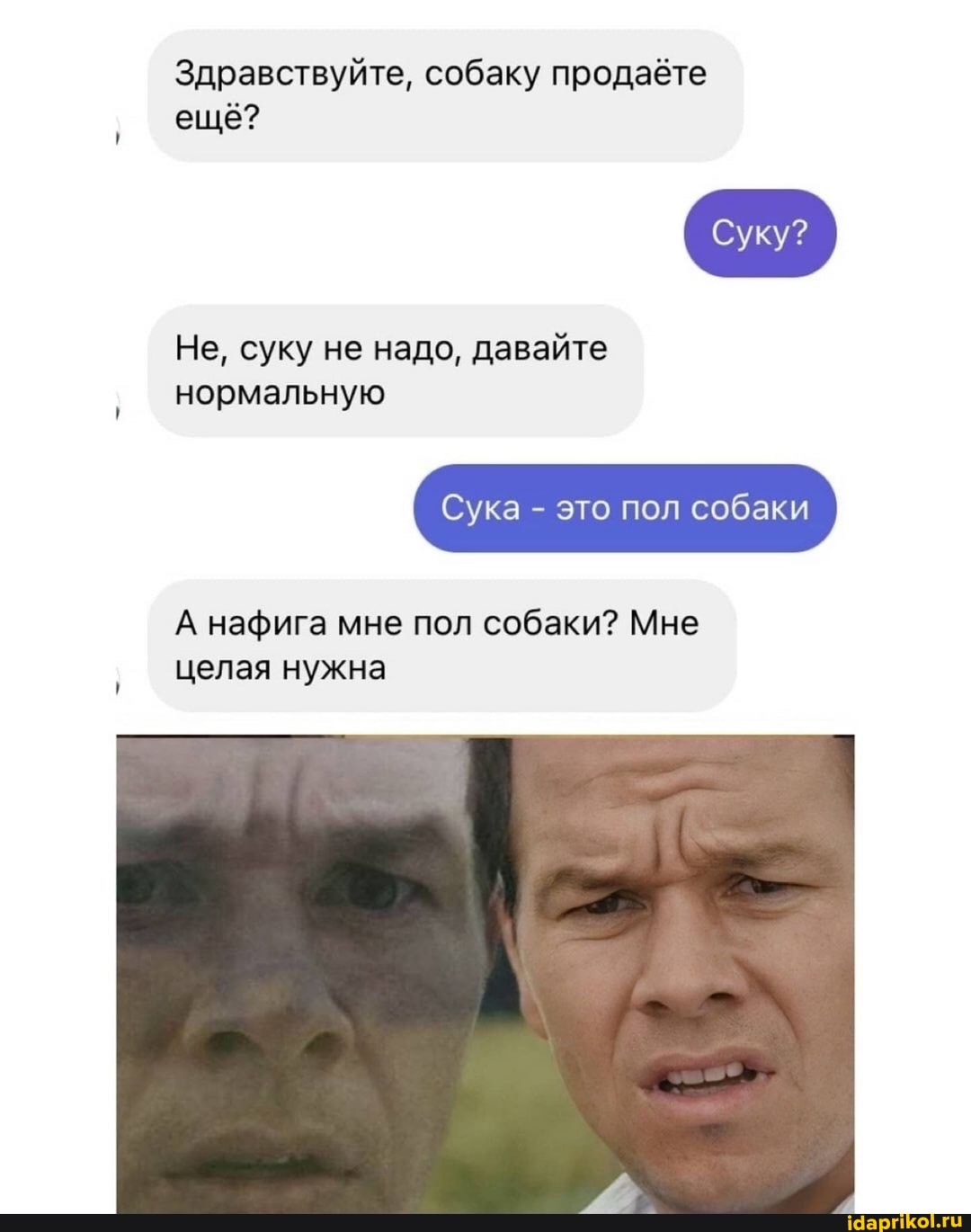 Здравствуйте, собаку продаёте
ещё?
Не, суку не надо, давайте
I Сука - это пол собаки
А нафига мне пол собаки? Мне целая нужна
нормальную