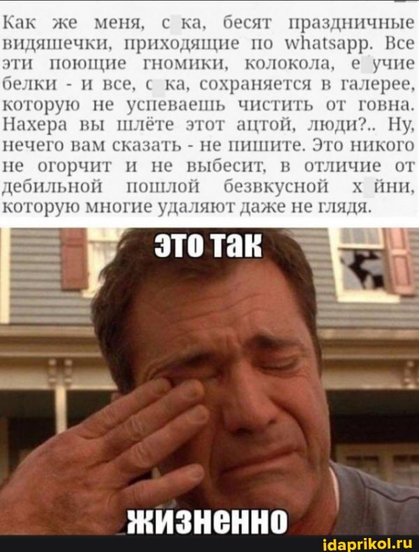 Как же меня, с ка, бесят праздничные видяшечки, приходящие по Все поющие гномики, колокола, е учие белки - и все, с ка, сохраняется в галерее, которую не успеваешь чистить от говна.
Нахера вы шлёте этот ацтой, люди?.. Ну, нечего вам сказать - не пишите. Это никого не огорчит и не выбесит, в отличие от дебильной пошлой безвкусной х йни, которую многие удаляют даже не глядя.
ЖИЗНенно