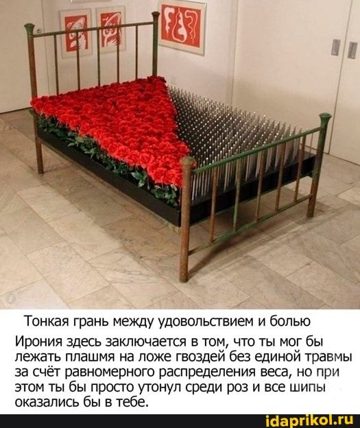 Тонкая грань между удовольствием и болью
Ирония здесь заключается в том, что ты мог бы лежать плашмя на ложе гвоздей без единой травмы за счёт равномерного распределения веса, но при этом ты бы просто утонул среди роз и все шипы оказались бы в тебе.