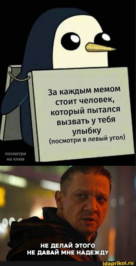 За каждым мемом стоит человек, который пытался вызвать у тебя
улыбку
(посмотри в левый угол)
посмотри
на клюв
НЕ ДЕЛАЙ ЭТОГО
НЕ ДАВАЙ МНЕ НАДЕЖДУ
