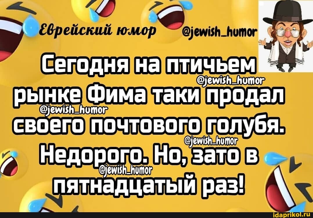 юмор
Сегодня на птичьем
рынке Фима таки продал
своего почтового голубя.
Недорого. Но, зато раз! в \
пятнадцатый раз!