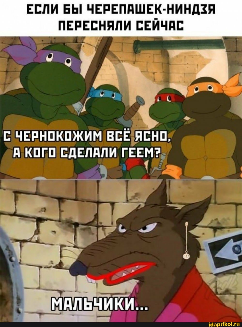 ЕСЛИ БЫ ЧЕРЕПАШЕК-НИНДЗЯ
ПЕРЕСНЯЛИ СЕЙЧАС
С ЧЕРНОКОЖИМ ВСЕ ЯСНО,
А КОГО СДЕЛАЛИ ГЕЕМ?
МАЛЬЧИКИ...