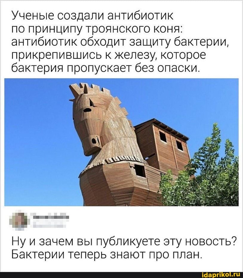 Ученые создали антибиотик
по принципу троянского коня: антибиотик обходит защиту бактерии, прикрепившись к железу, которое бактерия пропускает без опаски.
Ну и зачем вы публикуете эту новость?
Бактерии теперь знают про план.