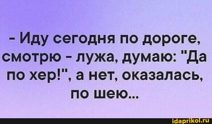- Иду сегодня по дороге, смотрю - лужа, думаю: "Да по хер!", а нет, оказалась, по шею...
