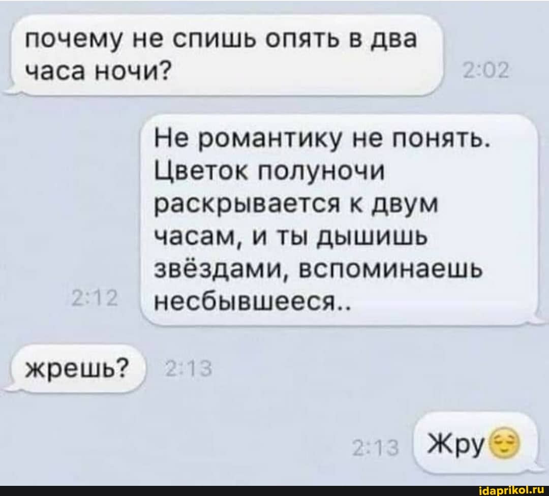 почему не спишь опять в два часа ночи?
жрешь?
Не романтику не понять.
Цветок полуночи раскрывается к двум часам, и ты дышишь звёздами, вспоминаешь несбывшееся..