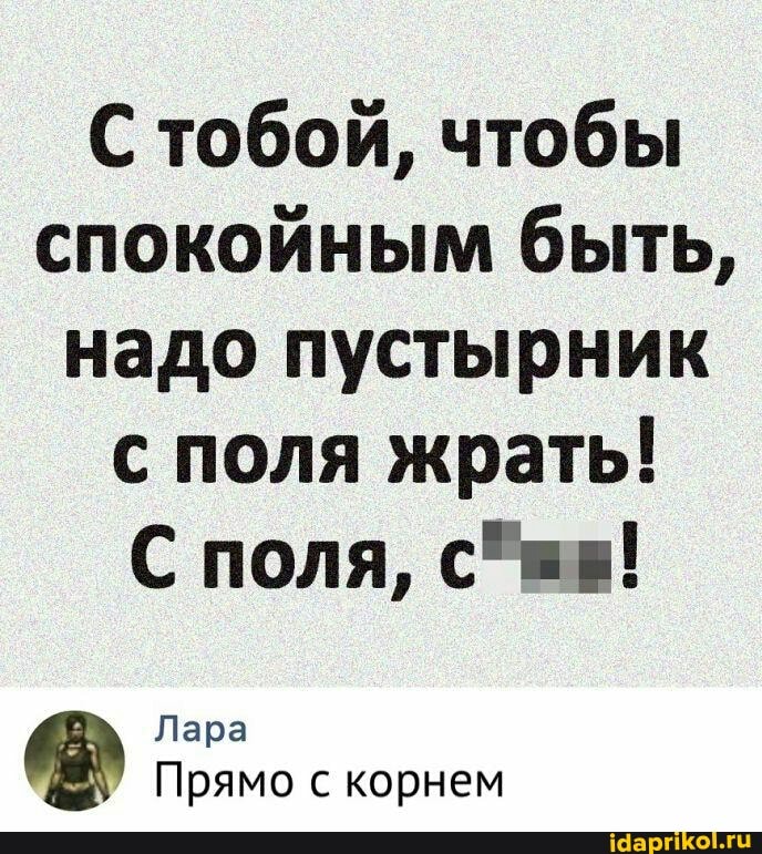 С тобой, чтобы спокойным быть, надо пустырник с поля жрать!
С поля,
Лара
Прямо с корнем