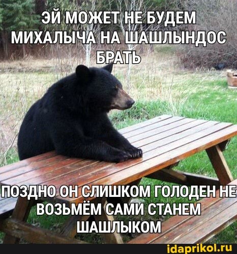 ЭЙ МОЖЕТ НЕ БУДЕМ МИХАЛЫЧА НА ШАШЛЫЬНДОС I БРАТЬ.
. $
ПОЗДНО ОН СЛИШКОМ ГОЛОДЕН НЕ
ВОЗЬМЕМ САМИ СТАНЕМ ШАШЛЫКОМ