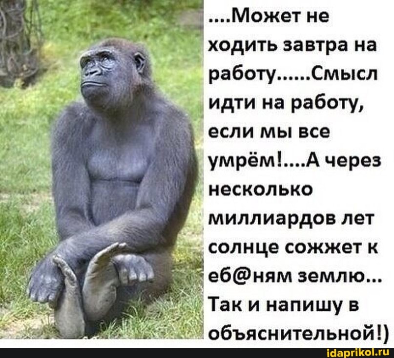 ....Может не ходить завтра на работу......Смысл
'"з идти на работу, если мы все через несколько
' миллиардов лет солнце сожжет к землю...
Так и напишу в
обяснительной!)