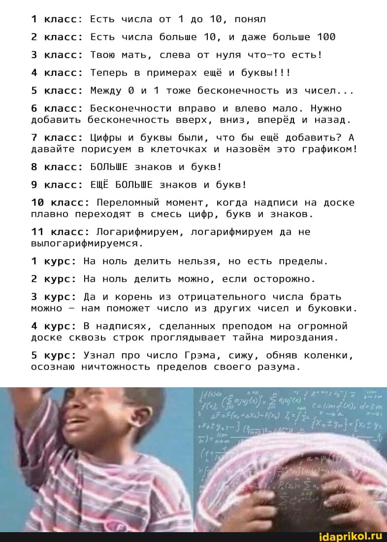 класс: Есть числа от 1 до 10, понял
класс: Есть числа больше 10, и даже больше 100 класс: Твою мать, слева от нуля что-то есть! класс: Теперь в примерах ещё и буквы!!!
класс: Между 0 и 1 тоже бесконечность из чисел...
класс: Бесконечности вправо и влево мало. Нужно добавить бесконечность вверх, вниз, вперёд и назад.
7 класс: Цифры и буквы были, что бы ещё добавить? А давайте порисуем в клеточках и назовём это графиком!
8 класс: БОЛЬШЕ знаков и букв!
9 класс: ЕЩЁ БОЛЬШЕ знаков и букв!
10 класс: Переломный момент, когда надписи на доске плавно переходят в смесь цифр, букв и знаков.
11 класс: Логарифмируем, логарифмируем да не вылогарифмируемся.
1 курс: На ноль делить нельзя, но есть пределы.
2 курс: На ноль делить можно, если осторожно.
курс: Да и корень из отрицательного числа брать можно нам поможет число из других чисел и буковки.
4 курс: В надписях, сделанных преподом на огромной доске сквозь строк проглядывает тайна мироздания.
5 курс: Узнал про число Говна, сижу, обняв коленки, осознаю ничтожность пределов своего разума.