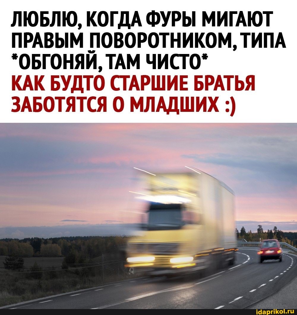 ЛЮБЛЮ, КОГДА ФУРЫ МИГАЮТ ПРАВЫМ ПОВОРОТНИКОМ, ТИПА
"ОБГОНЯЙ, ТАМ ЧИСТО*
КАК БУДТО СТАРШИЕ БРАТЬЯ ЗАБОТЯТСЯ МЛАДШИХ