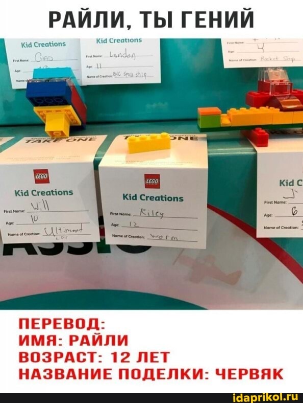 РАЙЛИ. ТЫ ГЕНИЙ
ПЕРЕВОД:
ИМЯ: РАЙЛИ
ВОЗРАСТ: 12 ЛЕТ
НАЗВАНИЕ ПОДЕЛКИ: ЧЕРВЯК