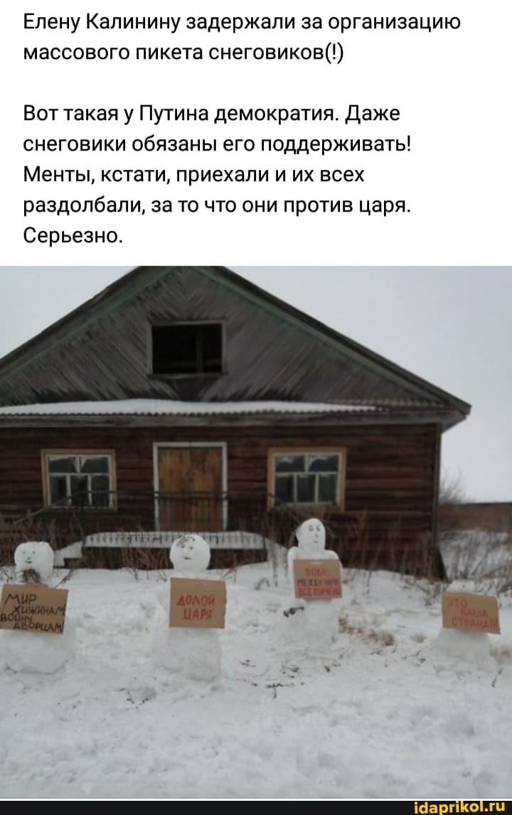 Елену Калинину задержали за организацию массового пикета снеговиков(!)
Вот такая у Путина демократия. Даже снеговики обязаны его поддерживать!
Менты, кстати, приехали и их всех раздолбали, за то что они против царя.
Серьезно.