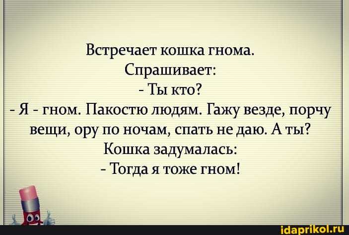 Встречает кошка гнома.
Спрашивает:
- Ты кто?
- Я - гном. Пакостю людям. Гажу везде, порчу вещи, ору по ночам, спать не даю. А ты?
Кошка задумалась:
- Тогда я тоже гном!