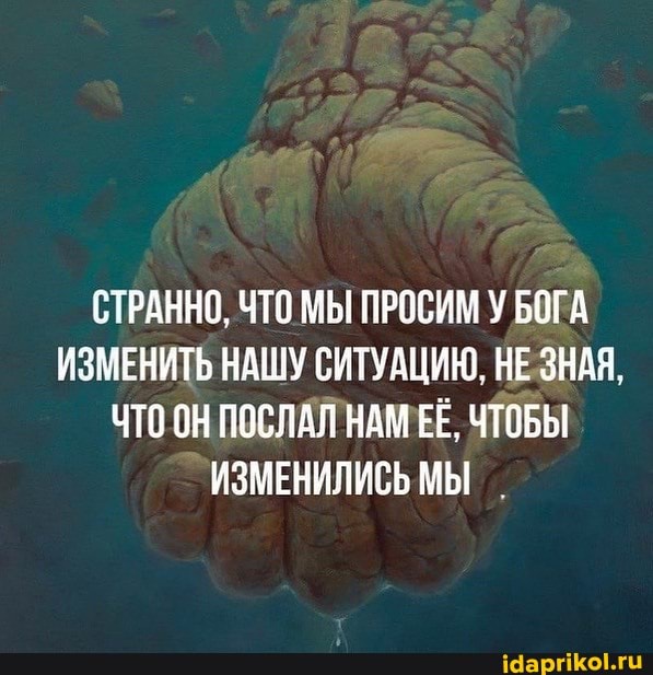 СТРАННО, ЧТО МЫ ПРОСИМ У БОГА ИЗМЕНИТЬ НАШУ СИТУАЦИЮ, НЕ ЗНАЯ,
ЧТО ОН ПОСЛАЛ НАМ ЕЁ, ЧТОБЫ ИЗМЕНИЛИСЬ МЫ